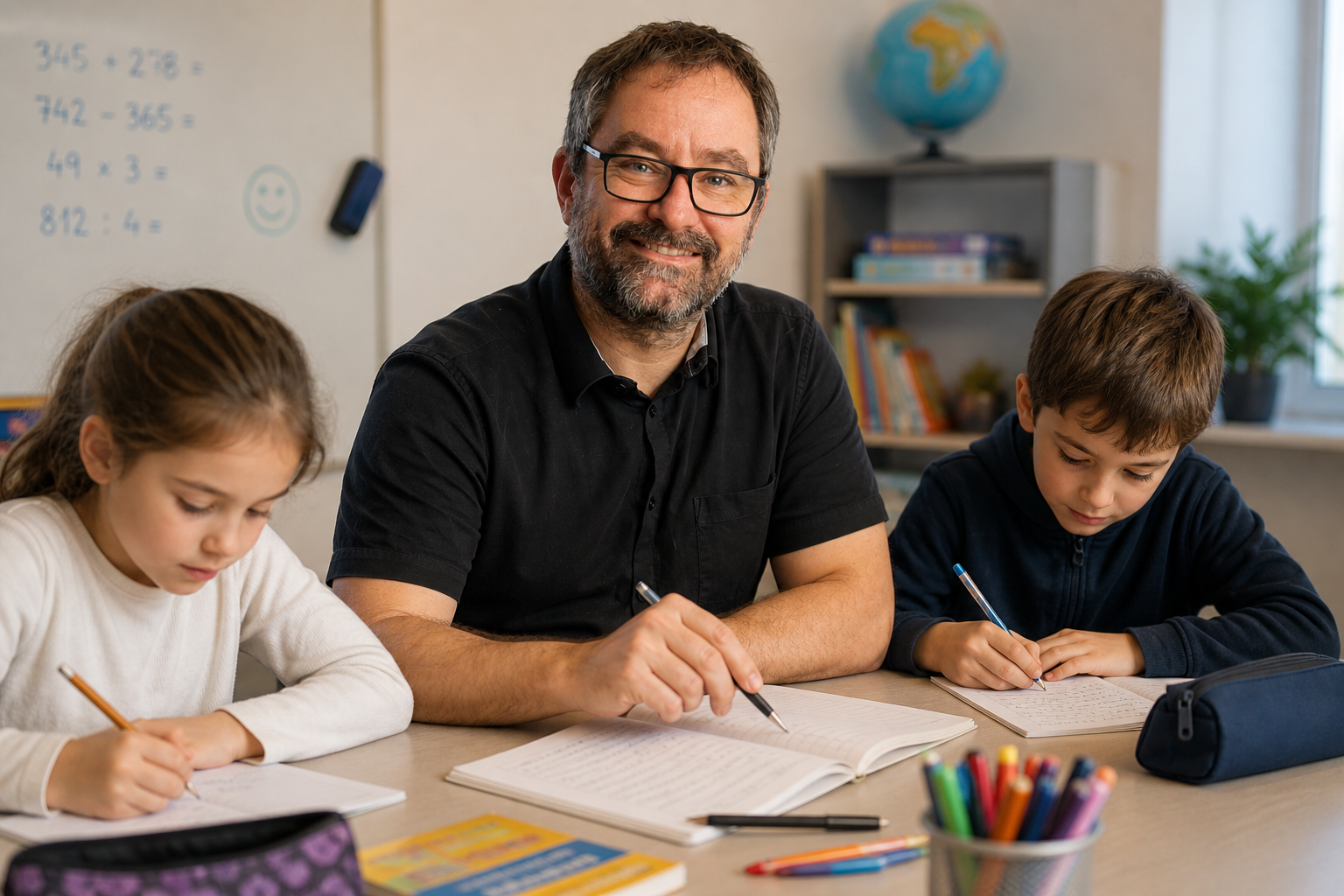 Maxime Paul accompagne deux élèves de primaire lors d’une séance de soutien scolaire en petit groupe.